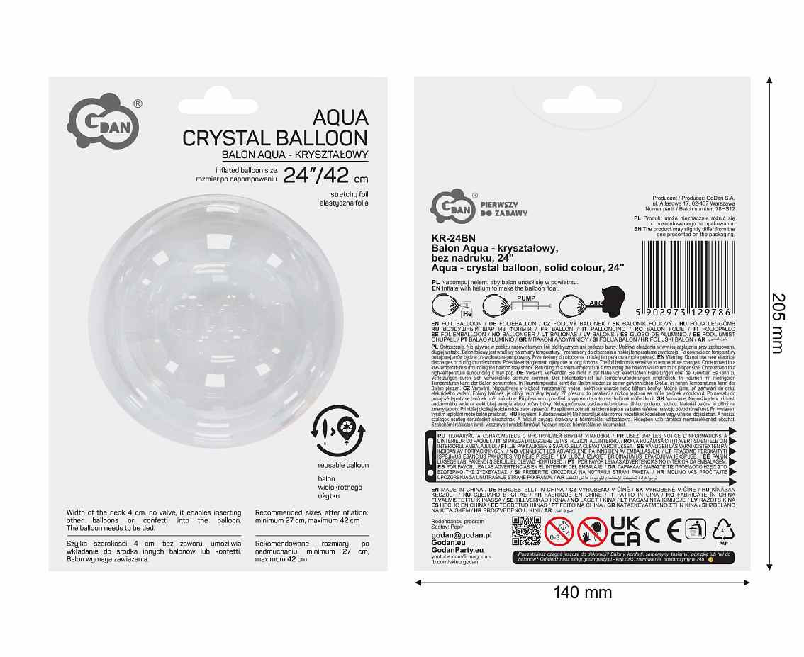 Aqua - crystal balloon, solid colour, 24"